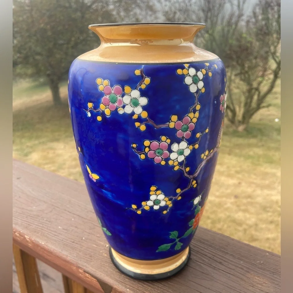 VTG Japanese Porcelain Hand Painted Cobalt Blue Flowers Birds Vase 9 1/2” Nice!